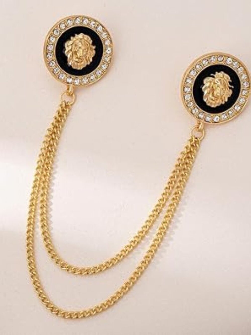 Lion Head Coin Brooch Black Enamel Rhinestone Chain Lapel Pin New !!
